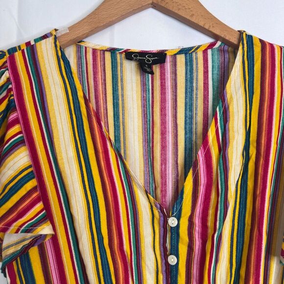 Jessica Simpson Rainbow Striped Flutter Sleeve Peplum Vneck Top Size Small - Picture 3 of 8